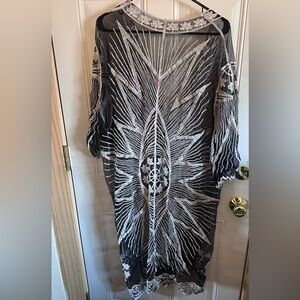 Black white stitch mesh kimono coverup OS